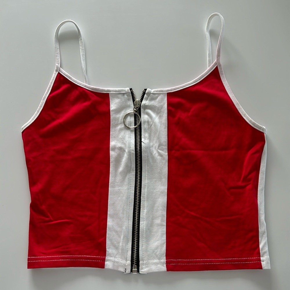 Red white and black zip up top